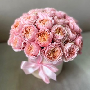 Композиция в шляпной коробке из кустовой пионовидной розы Джульетта в Голицыно