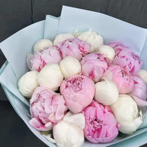 Микс из 19 бело-розовых пионов в Голицыно
